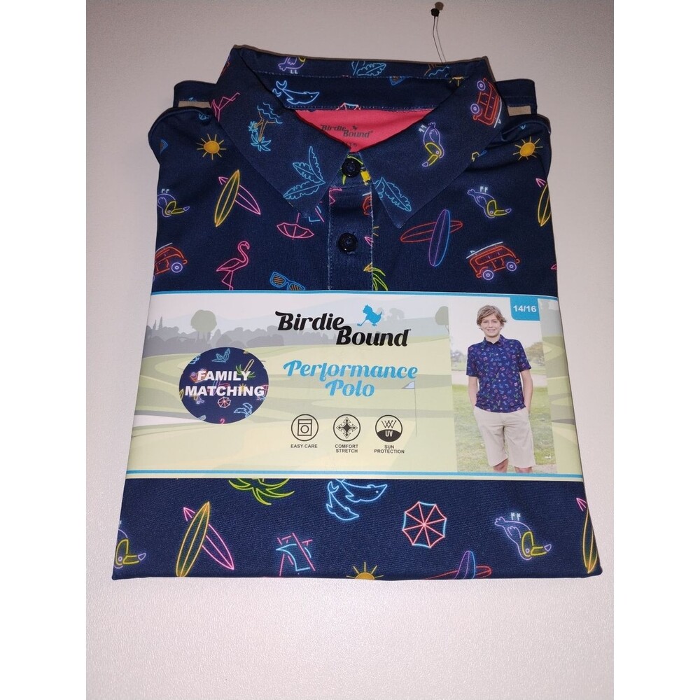 Birdie Bound Kids' Navy Performance Polo  Neon Beach All Over Print New 14/16